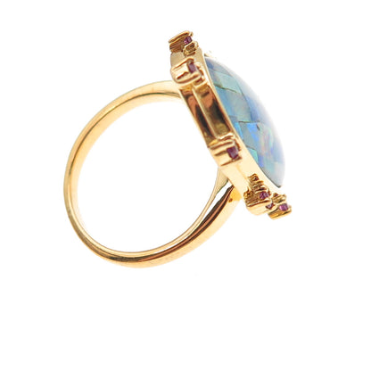 Dasan 925 Sterling Silver Gold Plated Real Opal & Amethyst Mosaic Ring Size 6