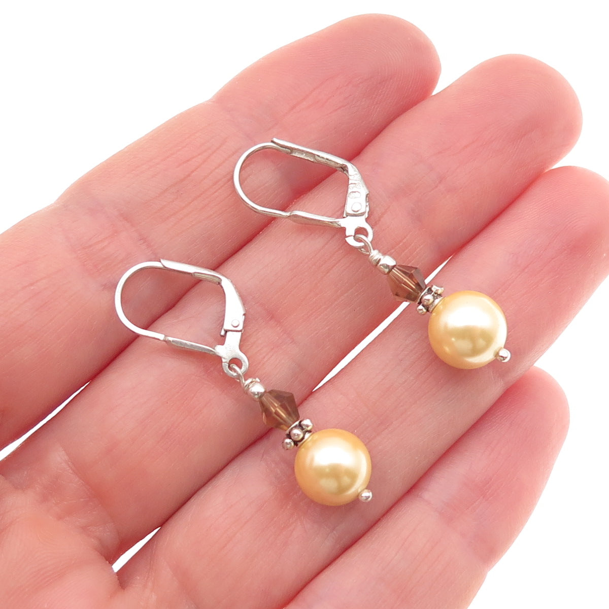 925 Sterling Silver Vintage Faux Pearl & Smoky Crystal Dangle Earrings