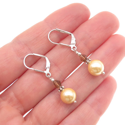 925 Sterling Silver Vintage Faux Pearl & Smoky Crystal Dangle Earrings