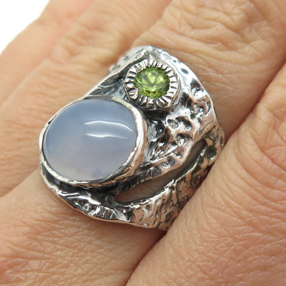 925 Sterling Silver Vintage Real Chalcedony & Peridot Modernist Ring Size 8.75