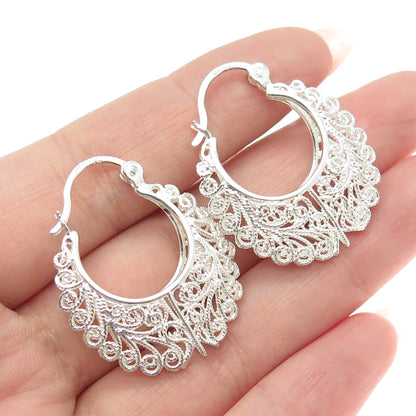 925 Sterling Silver Vintage Ornate Filigree Hoop Earrings