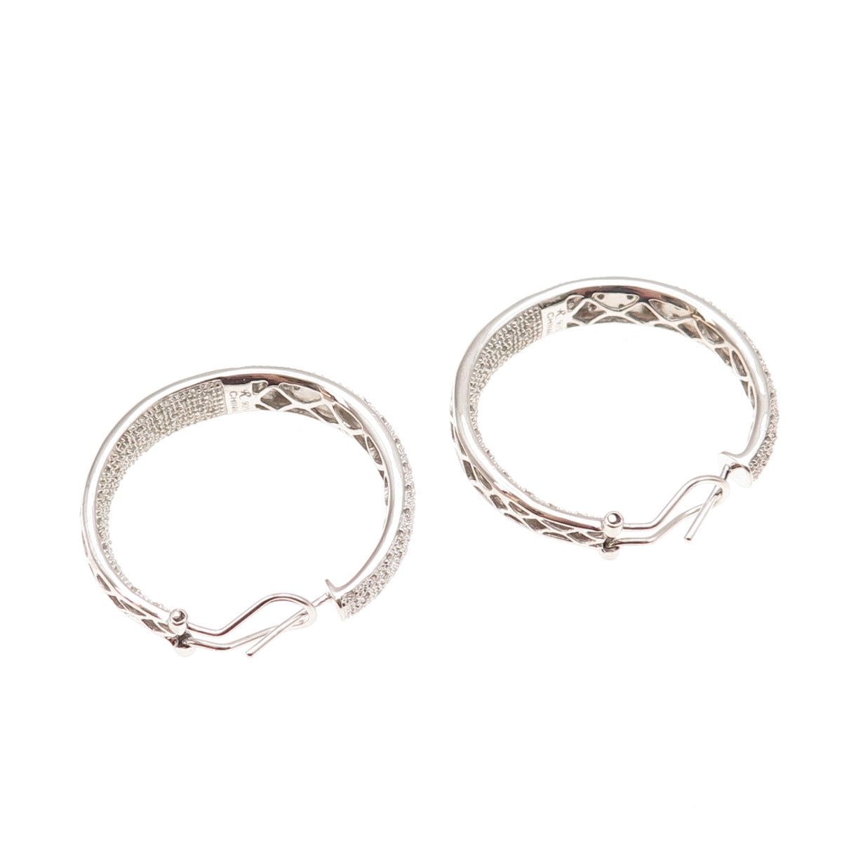 925 Sterling Silver Real Round-Cut Diamond In & Out Hoop Earrings