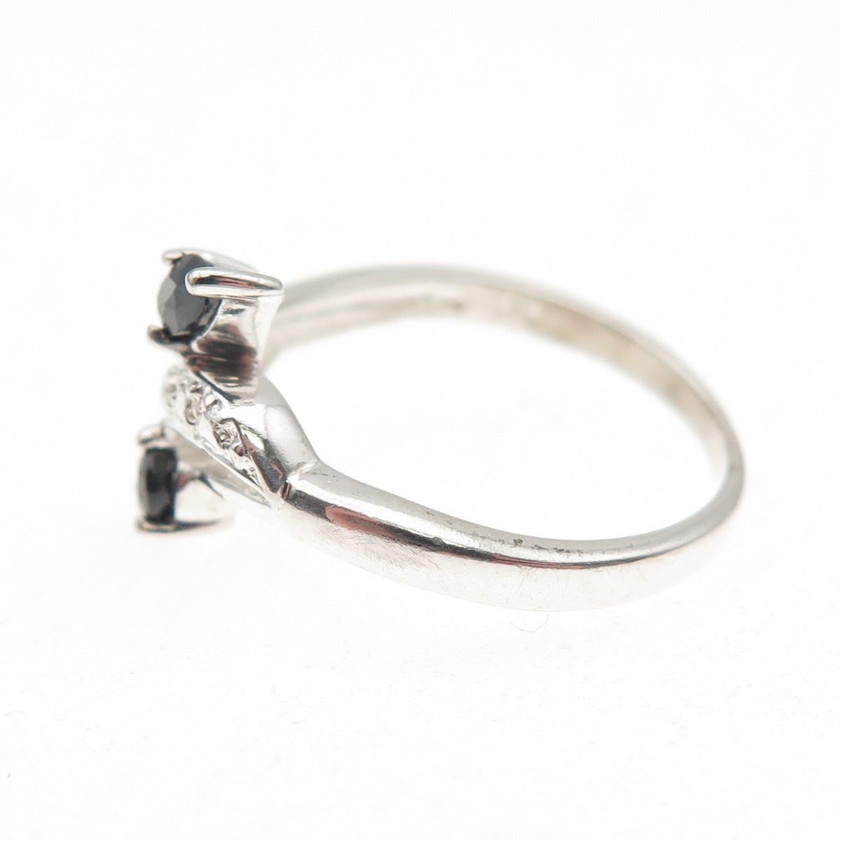 925 Sterling Silver Real Diamond Accent & Sapphire Bypass Ring Size 7