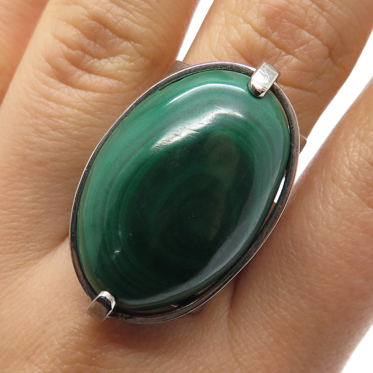 925 Sterling Silver Vintage Real Malachite Oxidized Adjustable Ring Size 8.75