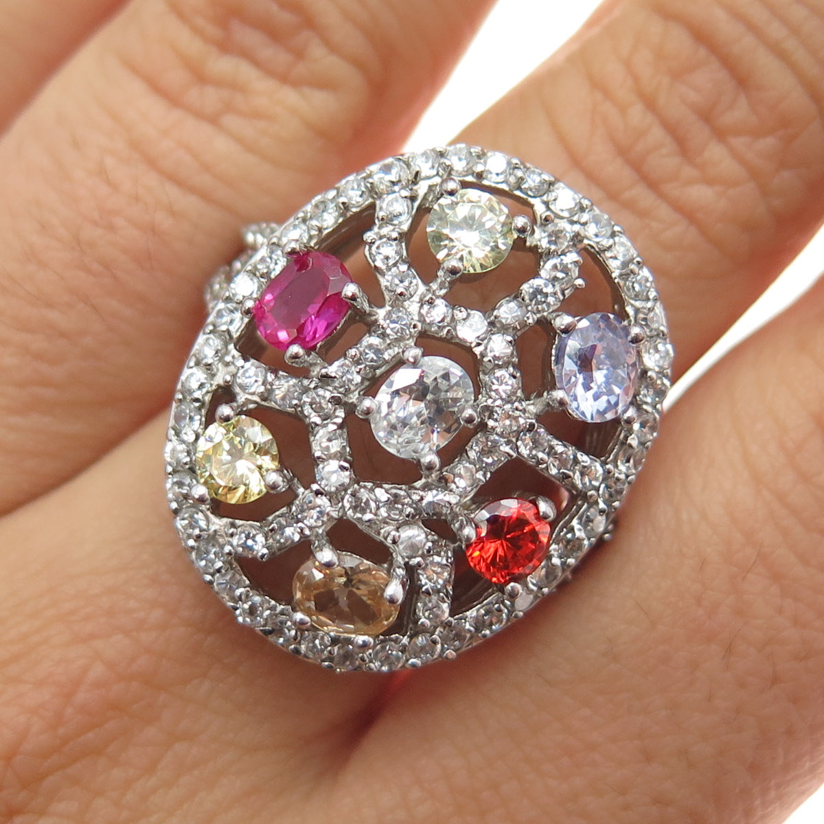 925 Sterling Silver Multi-Color C Z Cluster Ring Size 9.5