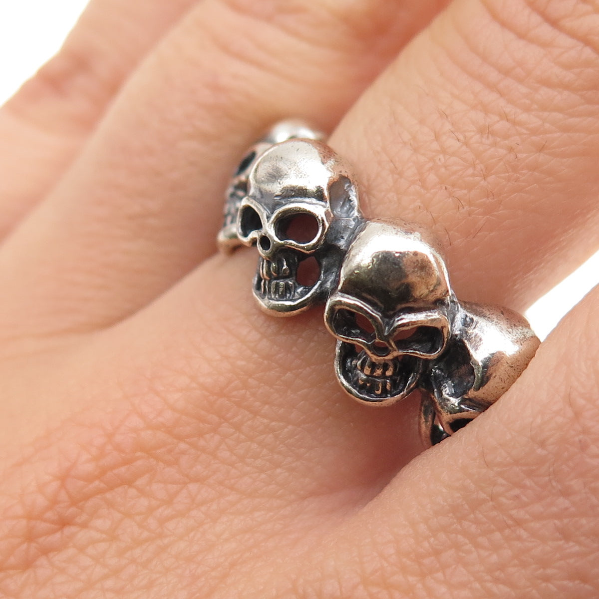 925 Sterling Silver Vintage Skull All Around Oxidized Biker Ring Size 9