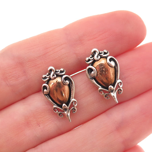 Carolyn Pollack 925 Sterling Silver 2-Tone Vintage Floral Oxidized Earrings