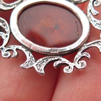 925 Sterling Silver Vintage Real Amber Modernist Floral Charm Pendant