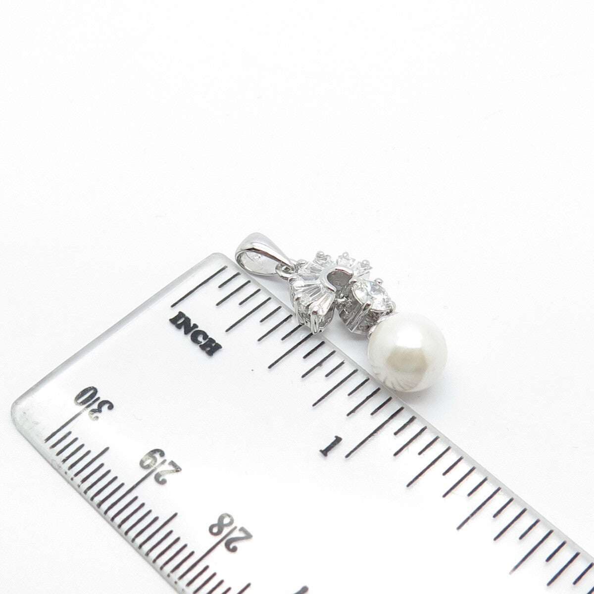 925 Sterling Silver Faux Pearl & C Z Ball Dangling Pendant