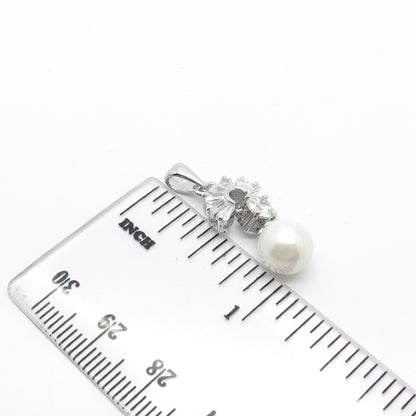 925 Sterling Silver Faux Pearl & C Z Ball Dangling Pendant