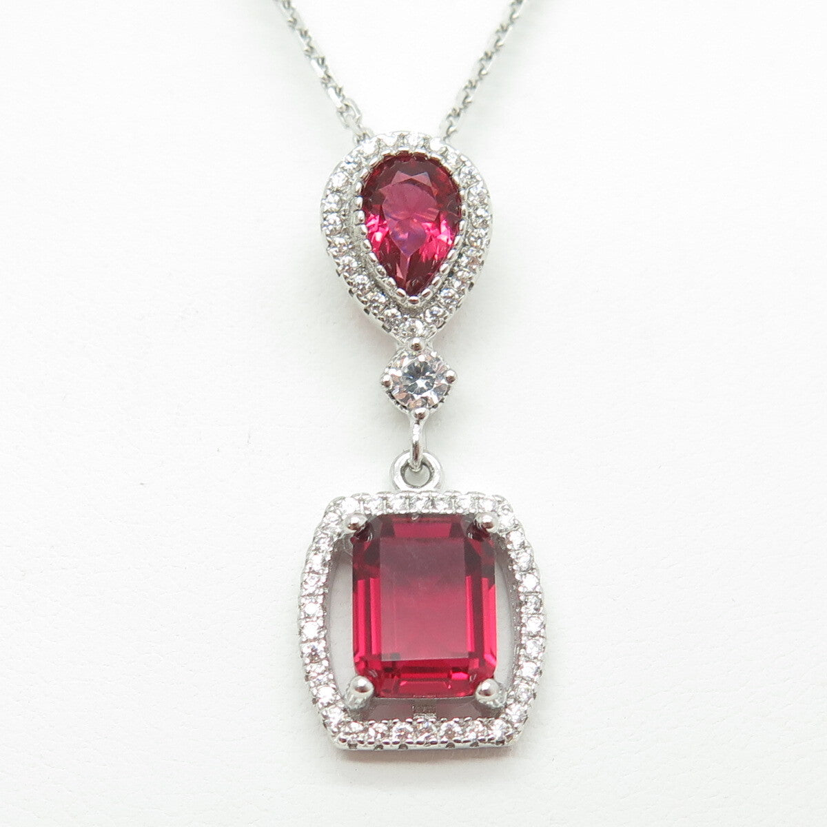 925 Sterling Silver Multi-Cut Pink & White C Z Cable Chain Necklace 16"