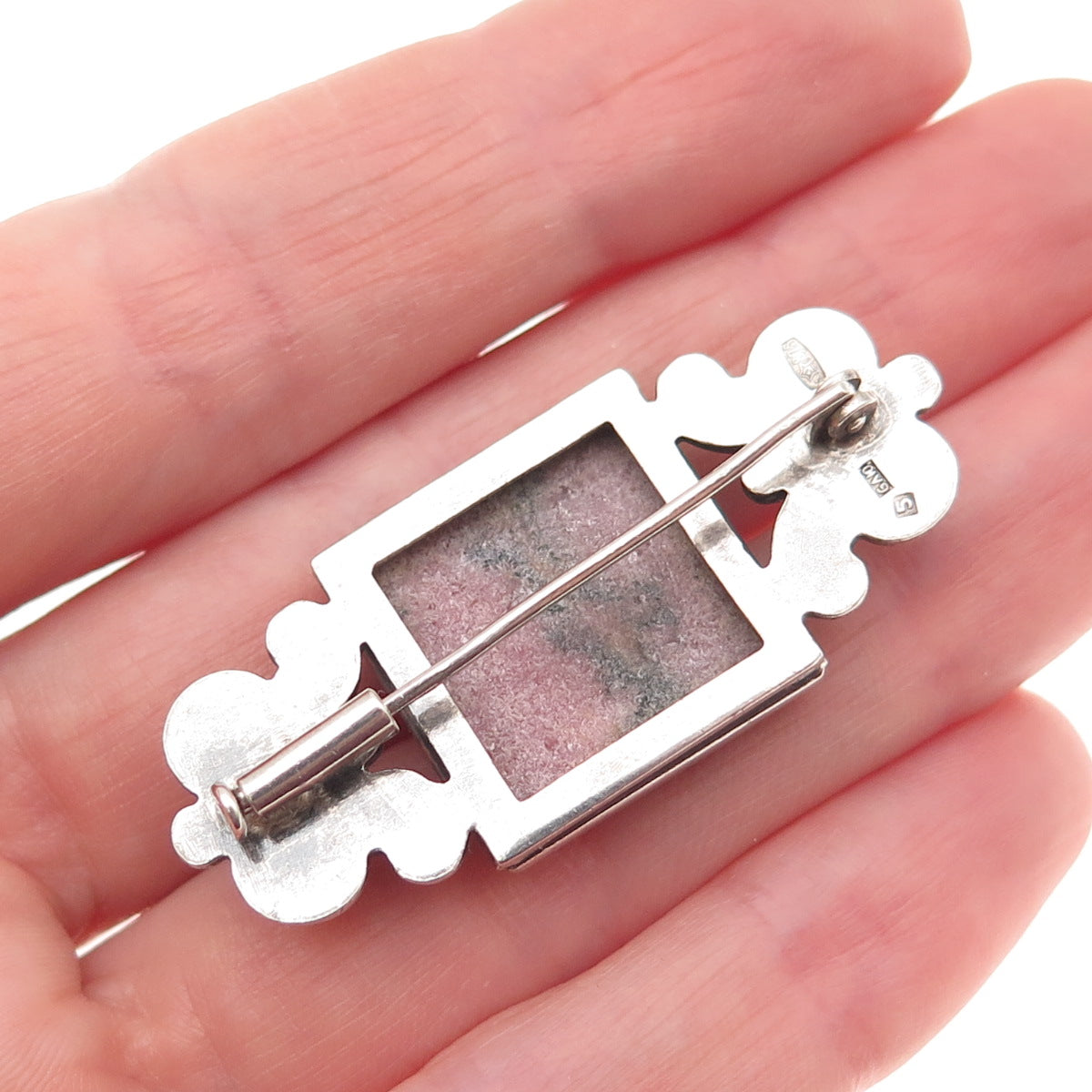 875 Silver Vintage European Real Rhodonite Butterfly Oxidized Pin Brooch