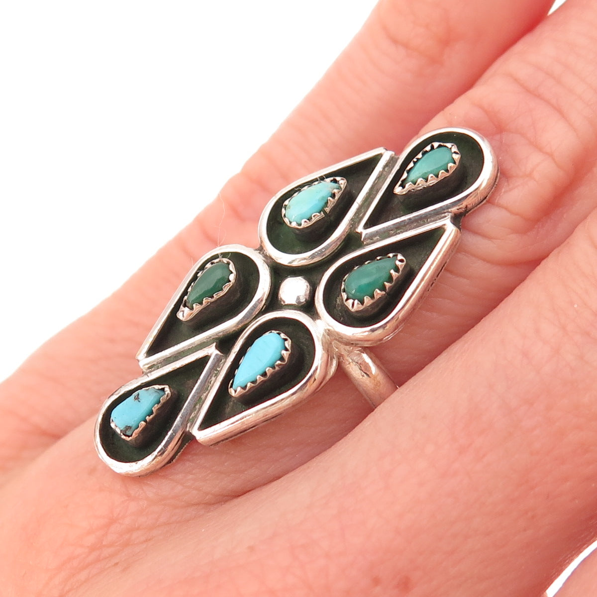Old Pawn Sterling Silver Vintage Southwestern Turquoise Tribal Ring Size 5.25