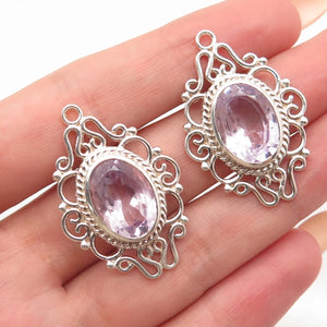 925 Sterling Silver Vintage Real Amethyst Gemstone Ornate Jacket Earrings