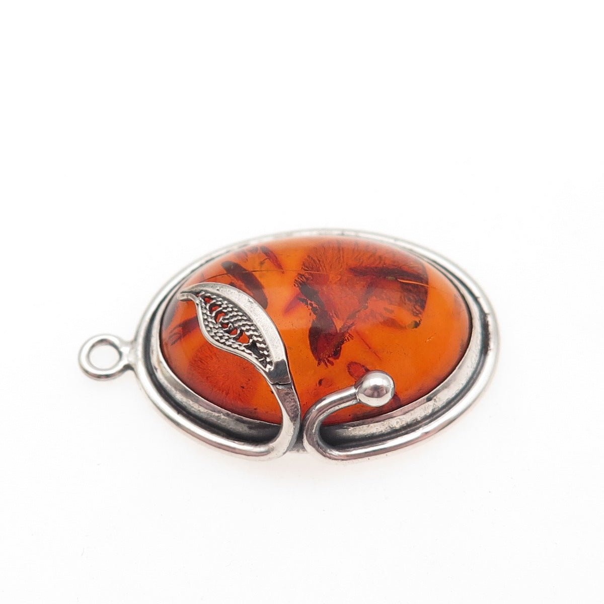 925 Sterling Silver Vintage Real Amber Modernist Filigree Floral Charm Pendant