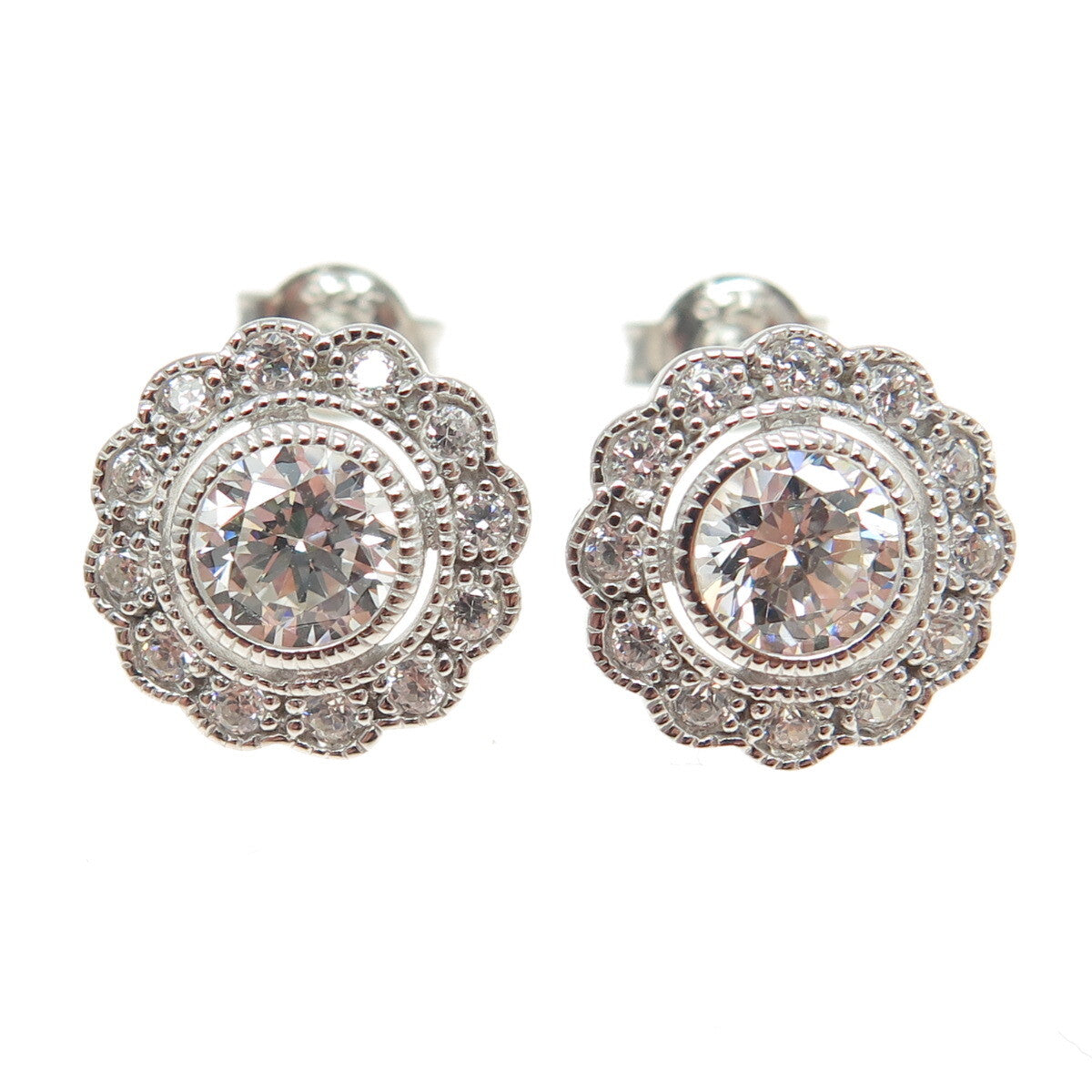 925 Sterling Silver Round-Cut C Z Flower Stud Earrings