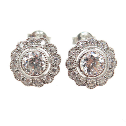 925 Sterling Silver Round-Cut C Z Flower Stud Earrings
