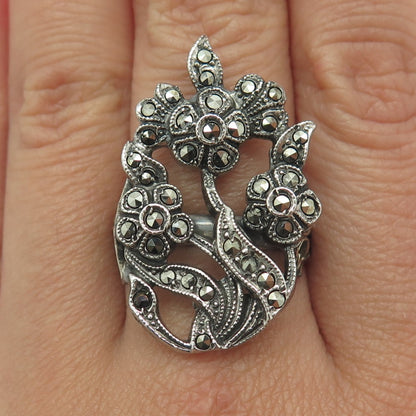 925 Sterling Silver Antique Art Deco Real Marcasite Flower Ring Size 7.75