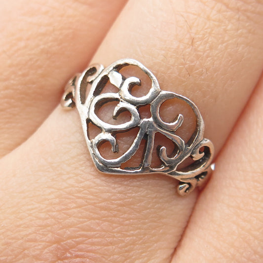 925 Sterling Silver Vintage Ornate Heart Ring Size 8.75