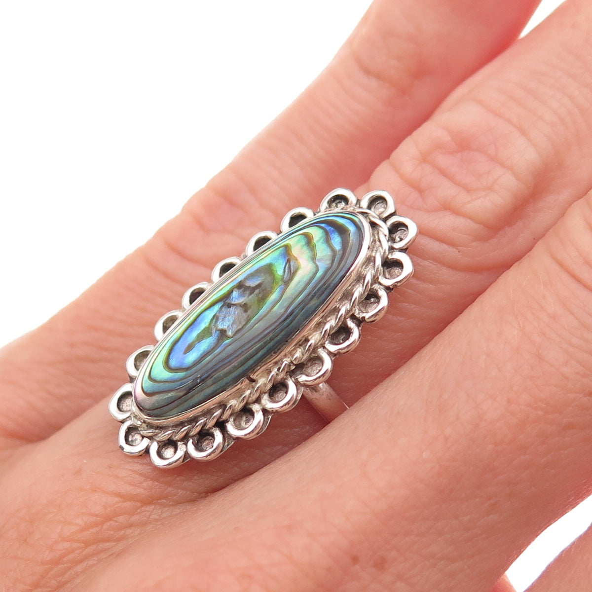 925 Sterling Silver Vintage Mexico Real Abalone Shell Oxidized Ring Size 4.75