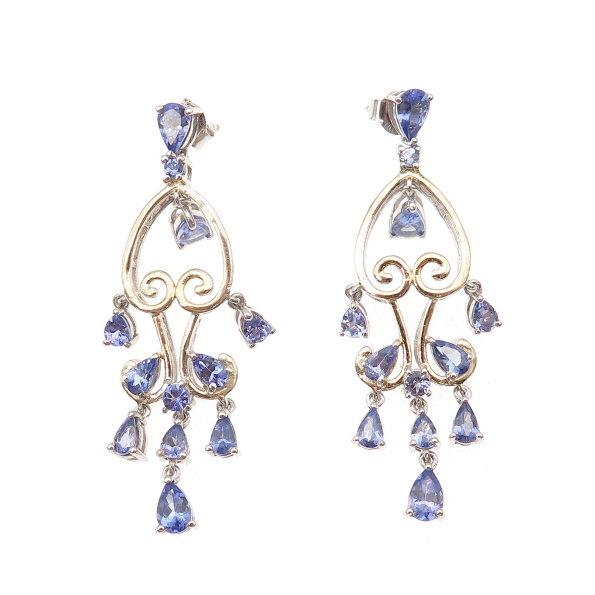 Chuck Clemency 925 Sterling Silver 2-Tone Real Tanzanite Heart Dangle Earrings