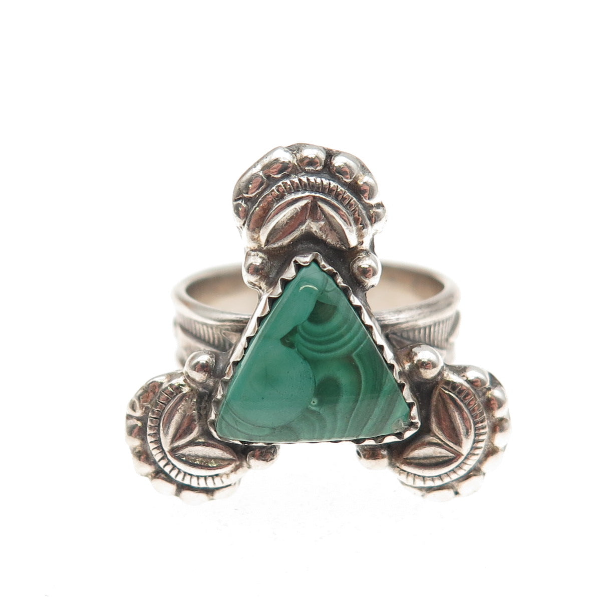 925 Sterling Silver Vintage Real Malachite Modernist Triangle Ring Size 6.75
