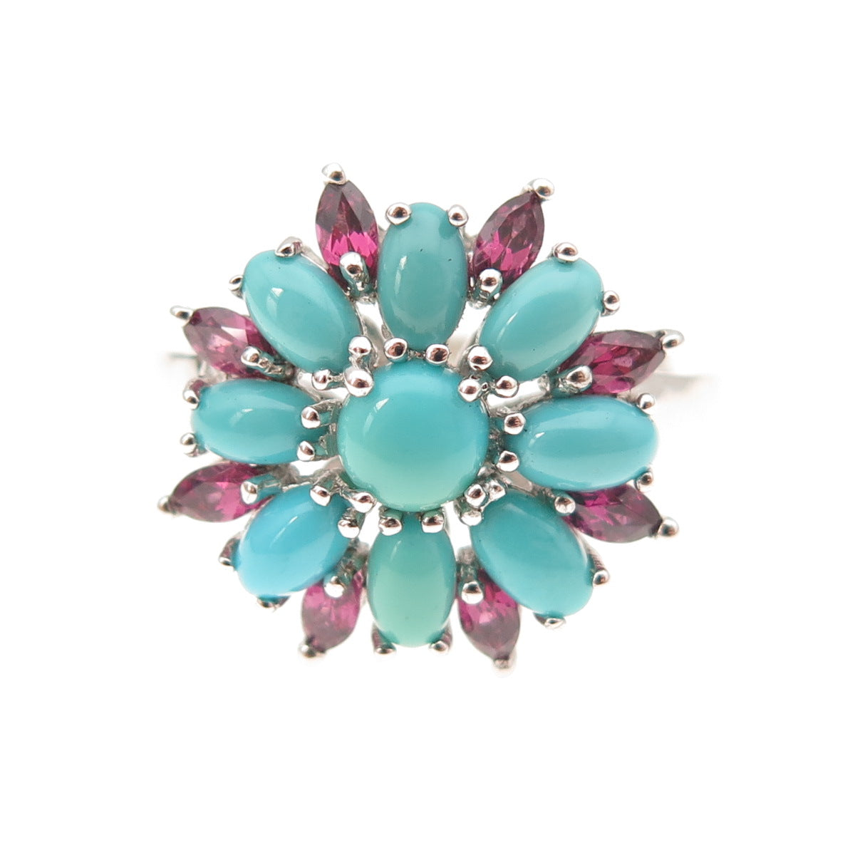 925 Sterling Silver Real Sleeping Beauty Turquoise & Tourmaline Ring Size 8.25
