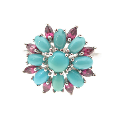 925 Sterling Silver Real Sleeping Beauty Turquoise & Tourmaline Ring Size 8.25
