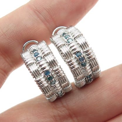 925 Sterling Silver Real Round-Cut Fancy Blue Diamond Omega Back Earrings