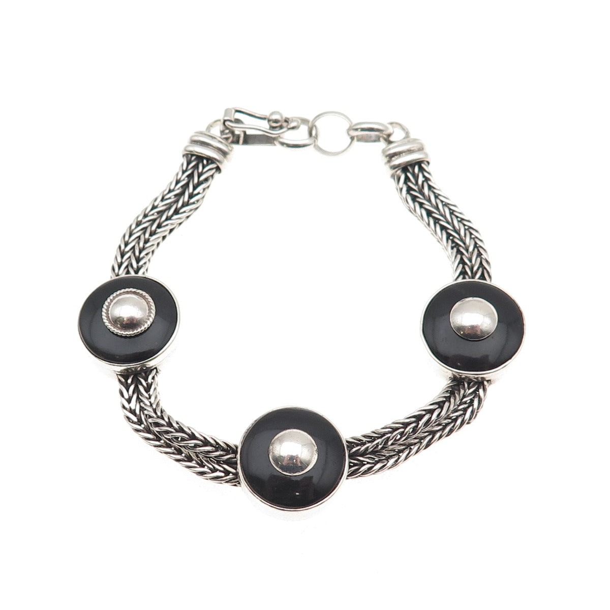 925 Sterling Silver Vintage Real Black Onyx Spiga Link Station Bracelet 6.75"