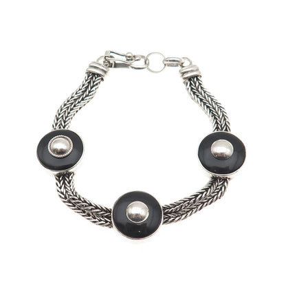 925 Sterling Silver Vintage Real Black Onyx Spiga Link Station Bracelet 6.75"