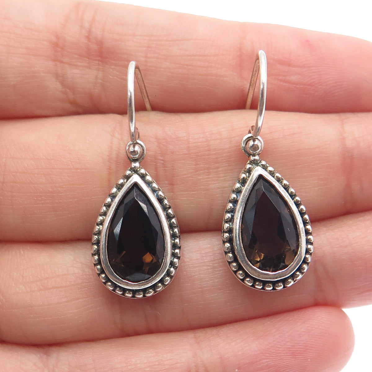 925 Sterling Silver Vintage Real Pear-Cut Smoky Quartz Dangle Earrings