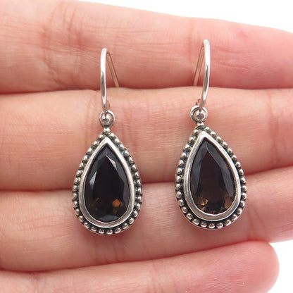 925 Sterling Silver Vintage Real Pear-Cut Smoky Quartz Dangle Earrings