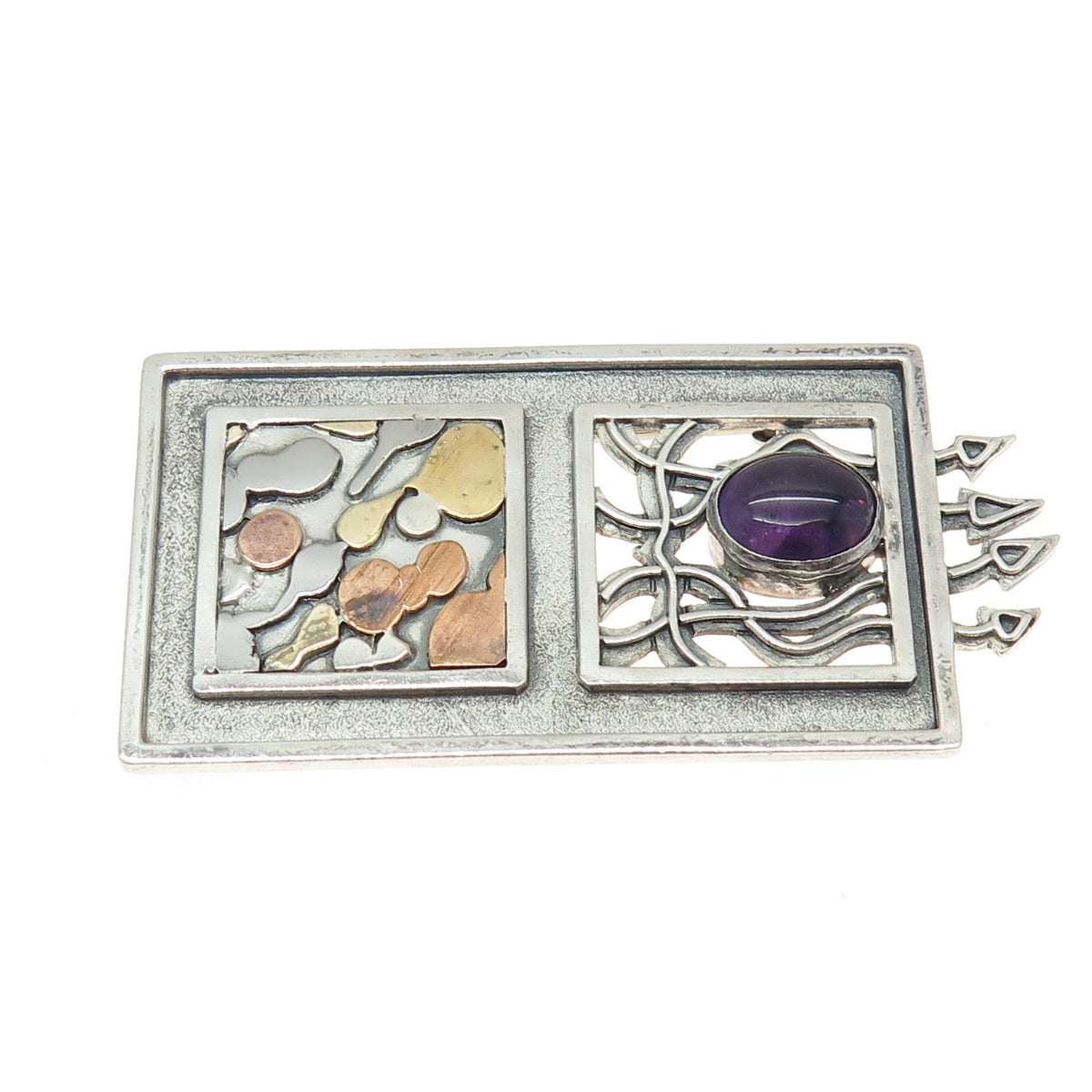 925 Sterling Silver 3-Tone Vintage Real Amethyst Modernist Pin Brooch