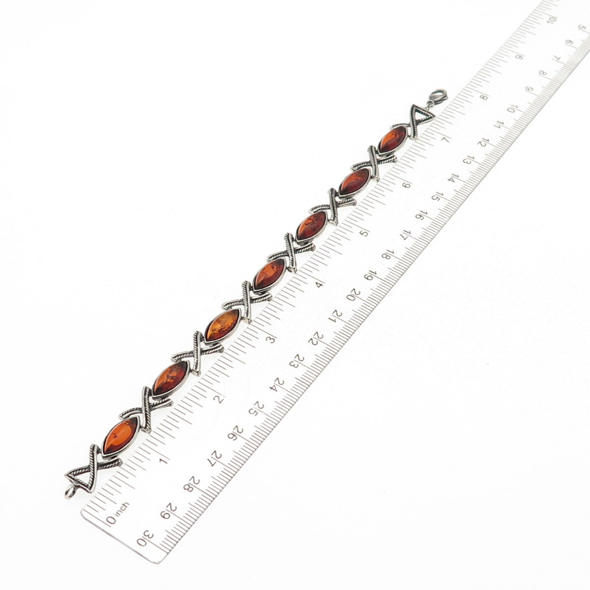 925 Sterling Silver Vintage JS Poland Real Amber X-Shape Oxidized Bracelet 7.75"
