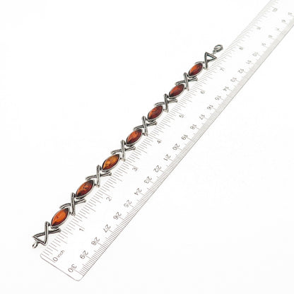 925 Sterling Silver Vintage JS Poland Real Amber X-Shape Oxidized Bracelet 7.75"