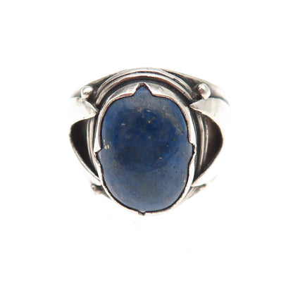 925 Sterling Silver Vintage Real Lapis Modernist Oxidized Ring Size 8.75