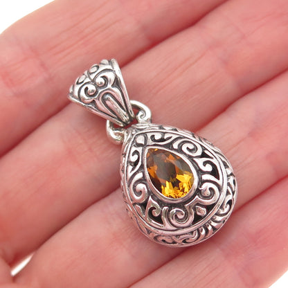 925 Sterling Silver Vintage Real Pear-Cut Citrine Swirl Charm Pendant