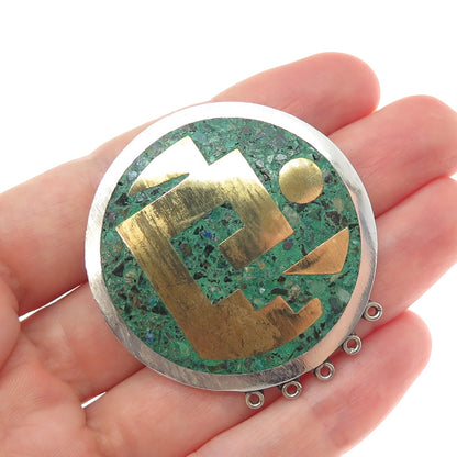 925 Sterling Silver 2-Tone Vintage Mexico Azurite Tribal Symbol Brooch / Pendant