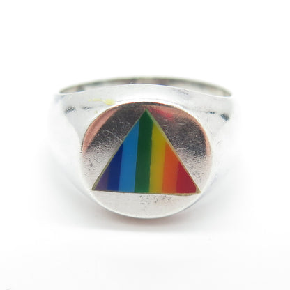 925 Sterling Silver Vintage Rainbow Enamel "Happy Pride" Signet Ring Size 7