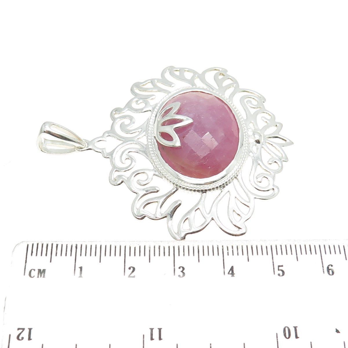 925 Sterling Silver Real Pink Sapphire Gemstone Ornate Pendant