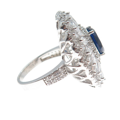 DSMK 925 Sterling Silver White & Blue Multi-C Z Cluster Statement Ring Size 7.25