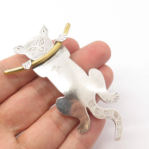 925 Sterling Silver 2-Tone Vintage Mexico Cat Hanging On a Branch Pin Brooch