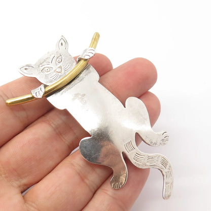 925 Sterling Silver 2-Tone Vintage Mexico Cat Hanging On a Branch Pin Brooch