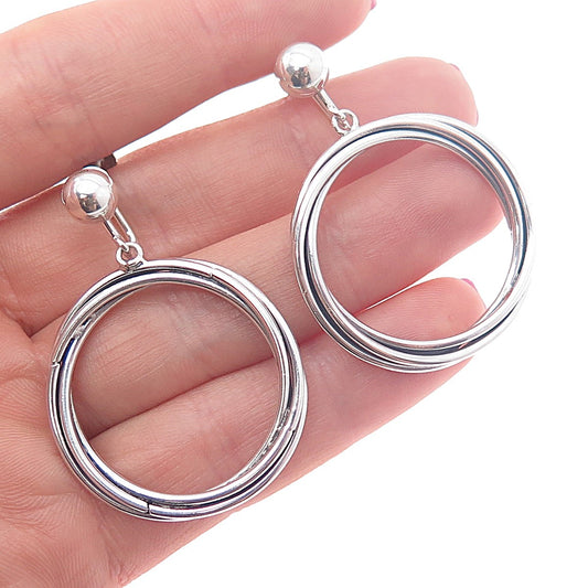 925 Sterling Silver Vintage Modernist Trinity Circle Dangle Screw Back Earrings