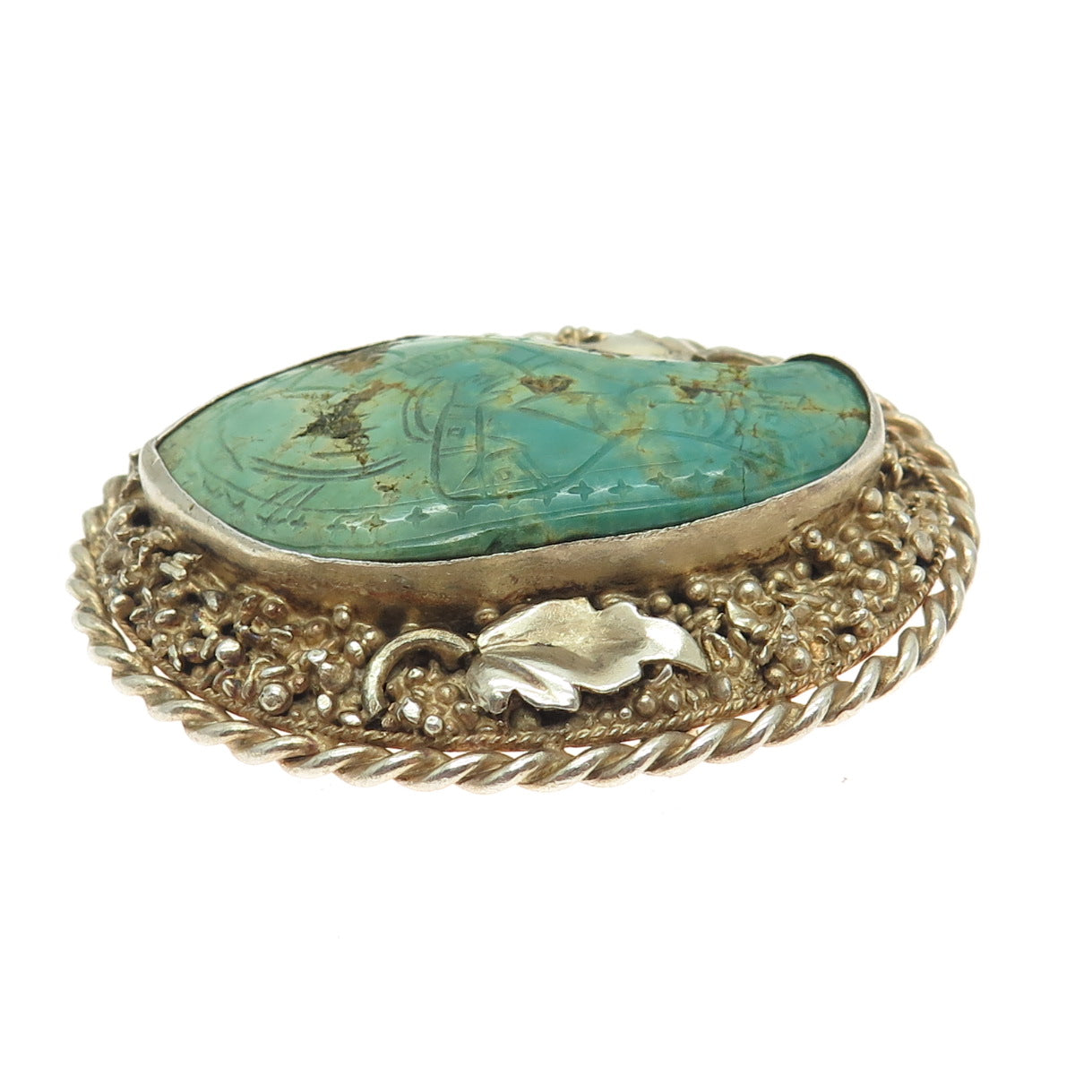 925 Sterling Silver Gold Plated Antique Carved Turquoise Lady Handmade Brooch