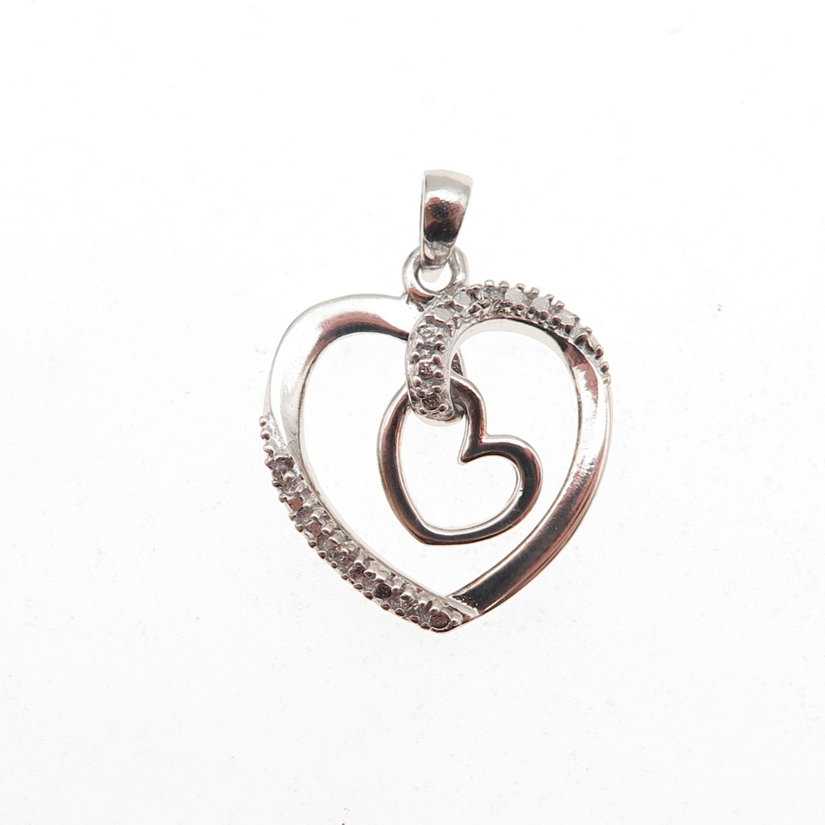 925 Sterling Silver Round-Cut C Z Double Heart Mini Charm Pendant