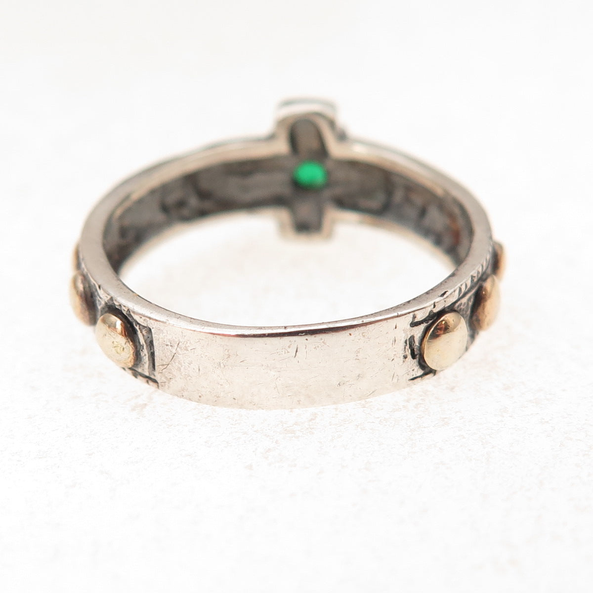925 Sterling Silver 10K Gold Vintage Real Emerald Cross Oxidized Ring Size 7