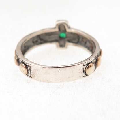 925 Sterling Silver 10K Gold Vintage Real Emerald Cross Oxidized Ring Size 7
