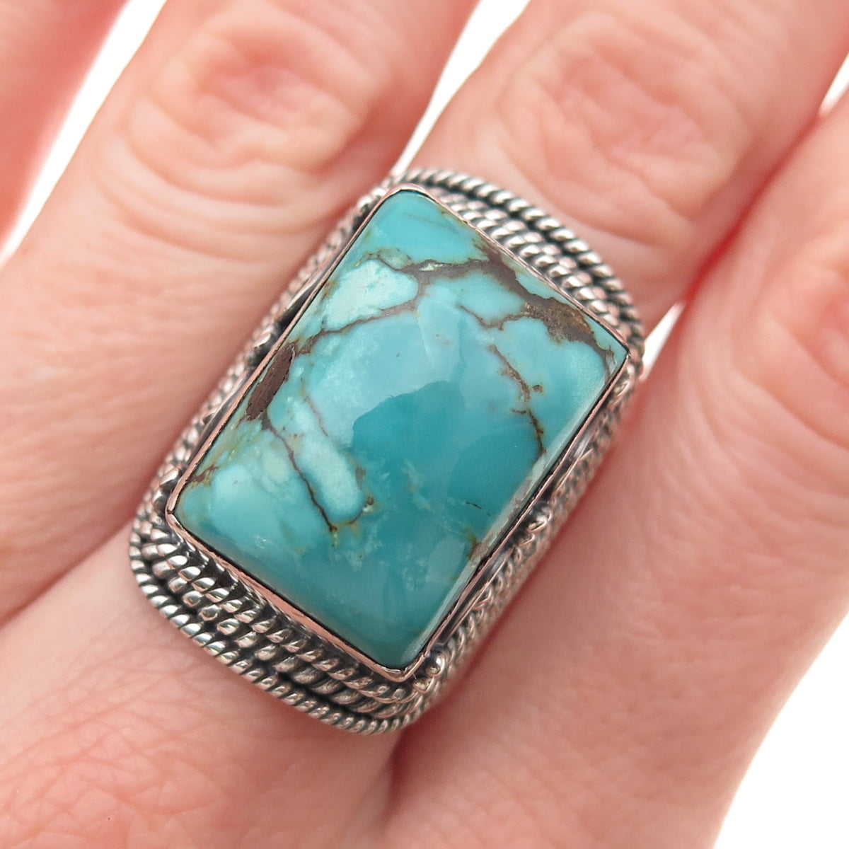 925 Sterling Silver Vintage Real Kingman Turquoise Oxidized Ring Size 10